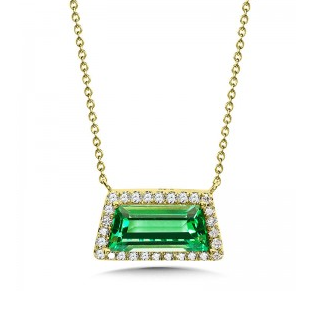 14K Yellow Gold Trapezoid Green Quartz and Diamond Halo Necklace