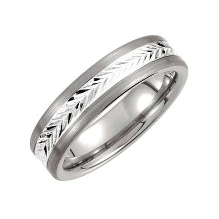 Tungsten Beveled Edge Band with Swiss-cut Sterling Silver Inlay