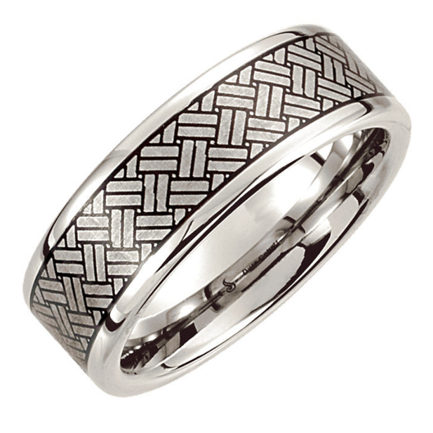 Flat Cobalt Chrome Wedding Band with Black Laser Cross Design