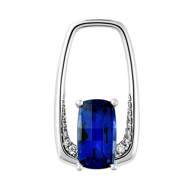 14K White Gold Lab Created Blue Sapphire and Diamond Pendant
