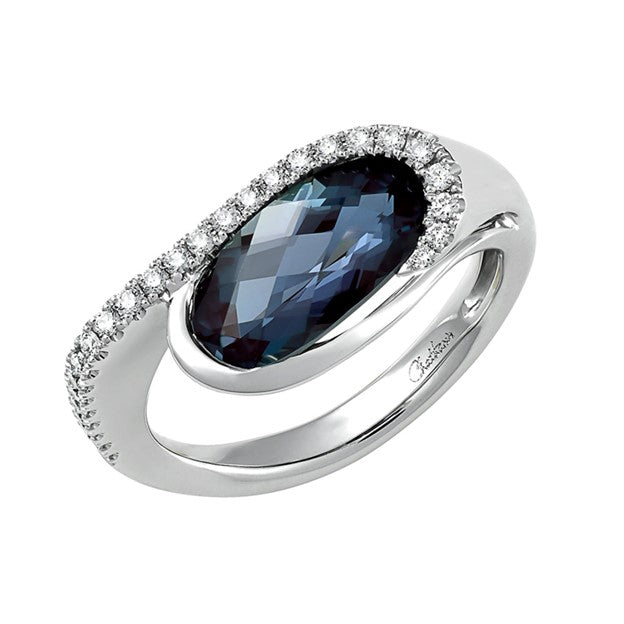 14K White Gold Freeform Lab Grown Diamond and Chatham Alexandrite Ring