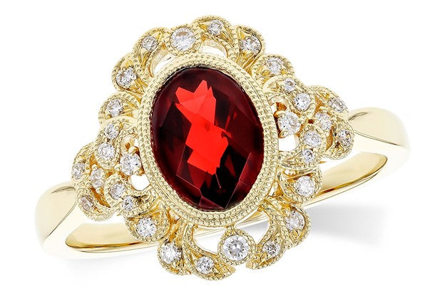 14K Yellow Gold, Vintage-Style Garnet and Diamond Halo Ring