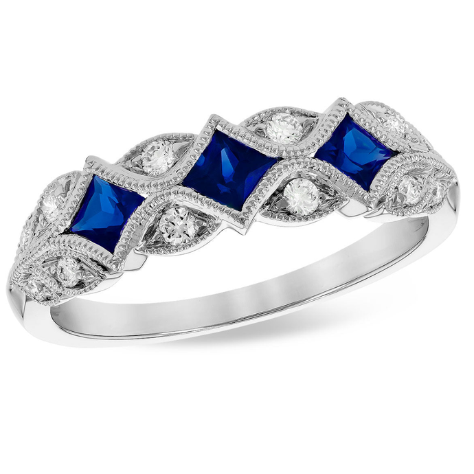 14K White Gold Vintage Inspired Blue Sapphire Band
