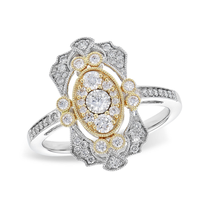 14K Two-Tone Gold Diamond Art Deco Fashion Ring