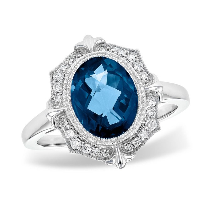 14K White Gold London Blue Topaz and Diamond Halo Ring