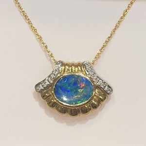 14K Yellow Gold Opal and Diamond Shell Pendant