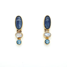 Load image into Gallery viewer, Sterling Silver Yellow Gold Plated Kyanite, Moonstone, and Baby Blue Topaz Earrings