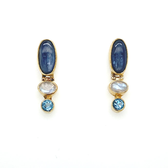 Sterling Silver Yellow Gold Plated Kyanite, Moonstone, and Baby Blue Topaz Earrings