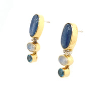 Load image into Gallery viewer, Sterling Silver Yellow Gold Plated Kyanite, Moonstone, and Baby Blue Topaz Earrings