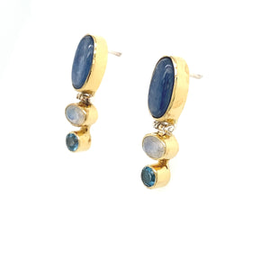 Sterling Silver Yellow Gold Plated Kyanite, Moonstone, and Baby Blue Topaz Earrings