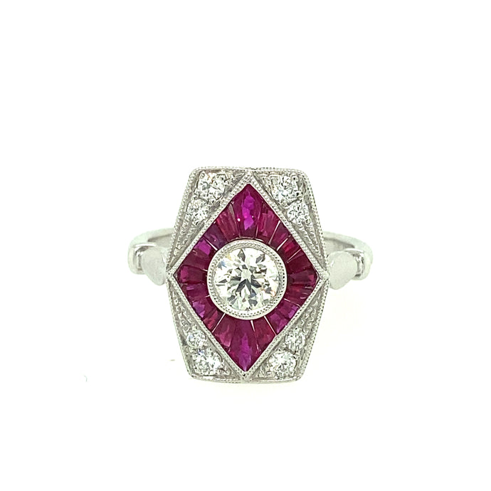 14K White Gold Art Deco Style Diamond and Ruby Ring