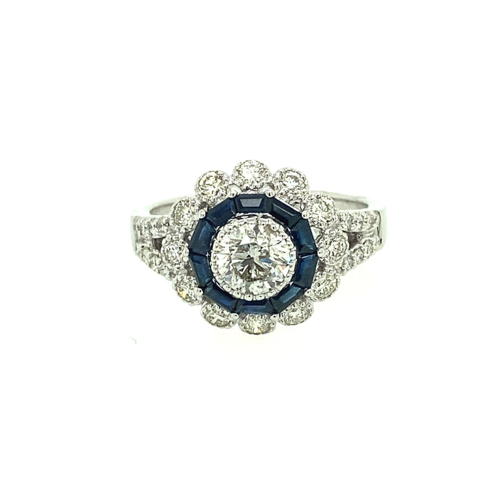 14K White Gold Diamond and Blue Sapphire Halo Ring