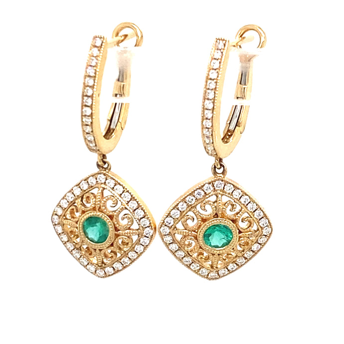 14K Yellow Gold Emerald and Diamond Vintage-Inspired Earrings