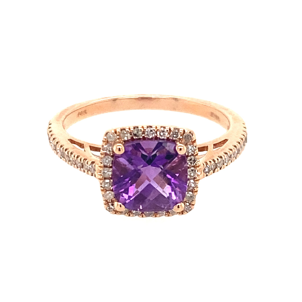 14K Rose Gold Cushion Amethyst and Diamond Halo Ring