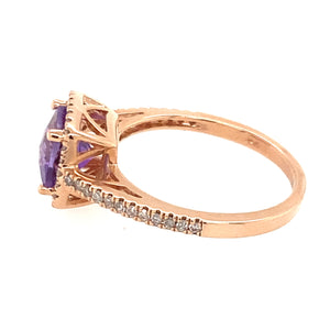 14K Rose Gold Cushion Amethyst and Diamond Halo Ring