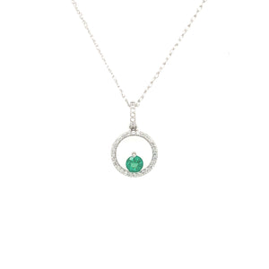 14K White Gold Diamond and Emerald Circle Necklace