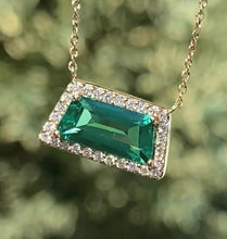 Load image into Gallery viewer, 14K Yellow Gold Trapezoid Green Quartz and Diamond Halo Necklace
