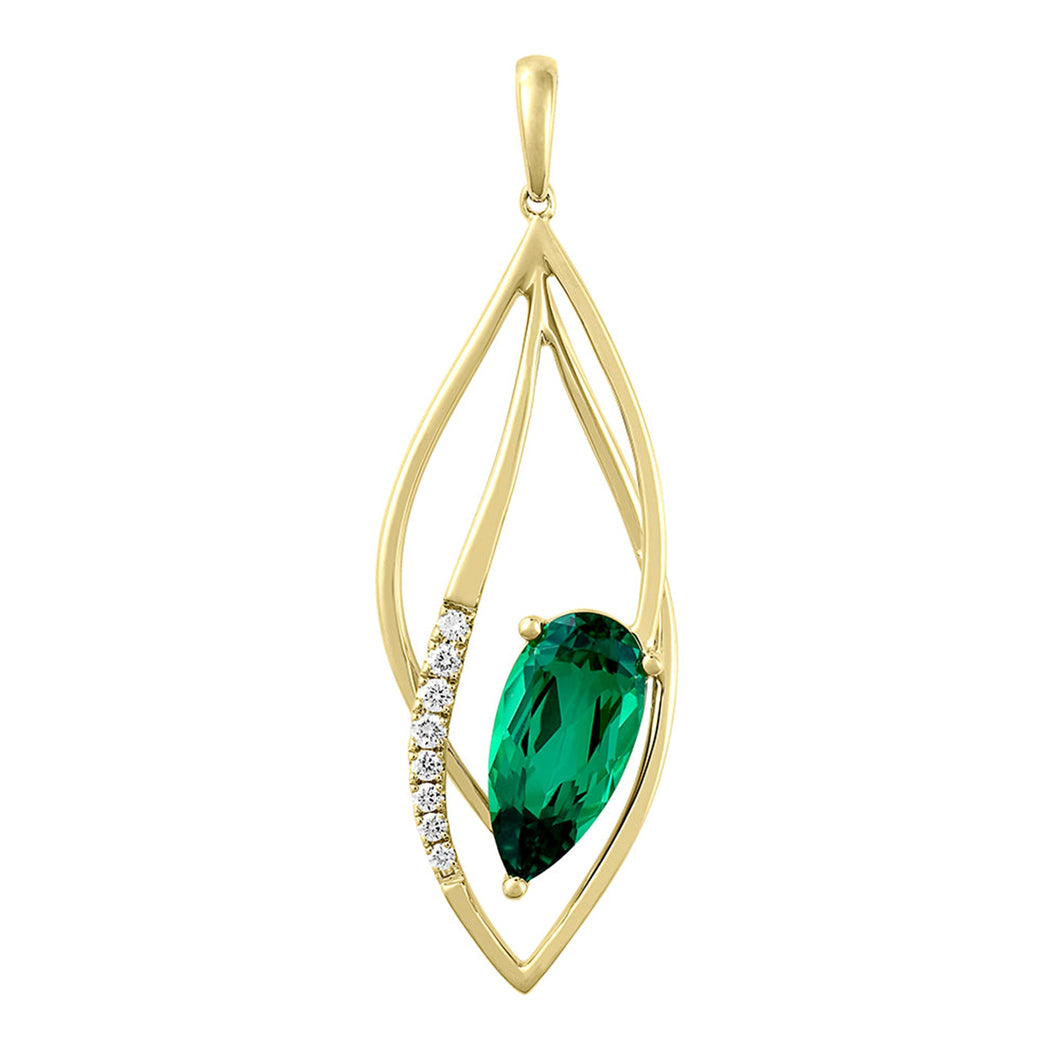 14K Yellow Gold Lab Grown Emerald and Diamond Leaf Pendant