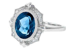 14K White Gold London Blue Topaz and Diamond Halo Ring