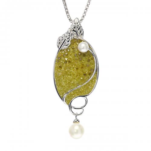 Sterling Silver Pearl and Yellow Created Diamond Leaf Necklace
