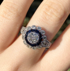 14K White Gold Diamond and Blue Sapphire Halo Ring