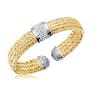Sterling Silver Yellow Gold Plated Pave Mesh Cuff Bracelet