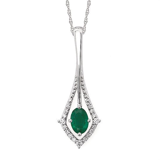 14K White Gold Emerald and Diamond Drop Pendant