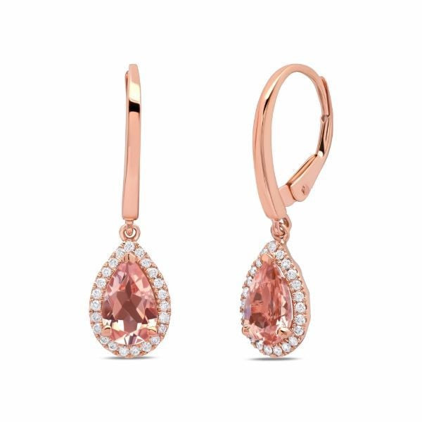 14K Rose Gold Morganite and Diamond Halo Dangle Earrings