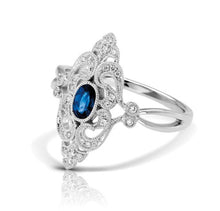 Load image into Gallery viewer, 14K White Gold Vintage-Inspired Sapphire and Diamond Filigree Ring