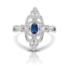 Load image into Gallery viewer, 14K White Gold Vintage-Inspired Sapphire and Diamond Filigree Ring