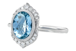 14K White Gold Aquamarine and Diamond Halo Ring