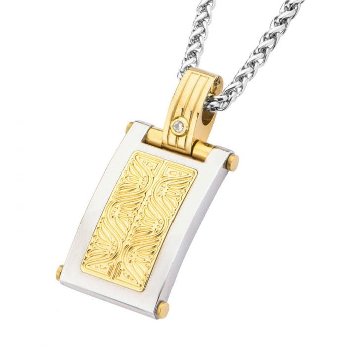 Stainless Steel and Gold Plated Dog Tag Pendant with Diamond Accents