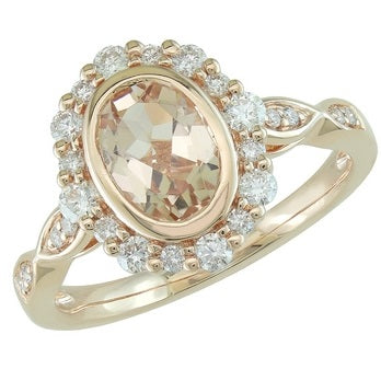 14K Rose Gold Morganite and Diamond Halo Fashion Ring